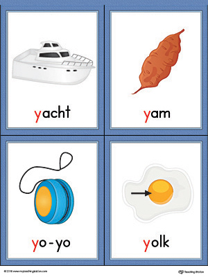 Letter Y Words and Pictures Printable Cards: Yacht, Yam, Yo-Yo, Yolk (Color)