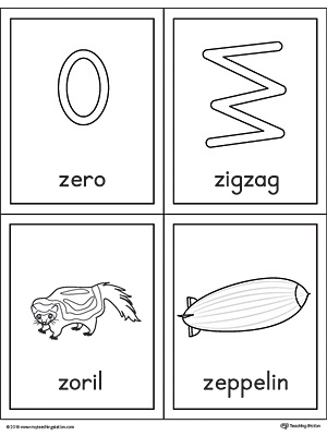 Letter Z Words and Pictures Printable Cards: Zero, Zigzag, Zoril, Zeppelin