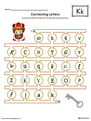 This kindergarten worksheet helps students find and connect letters to practice identifying the different letter K styles.