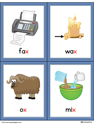 Letter X Words and Pictures Printable Cards: Fax, Wax, Ox, Mix (Color)