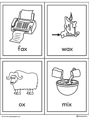Letter X Words and Pictures Printable Cards: Fax, Wax, Ox, Mix