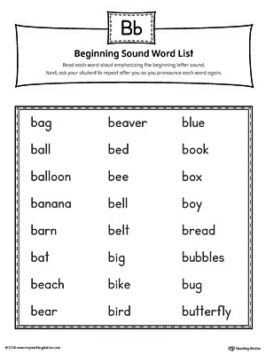 Letter B Beginning Sound Word List