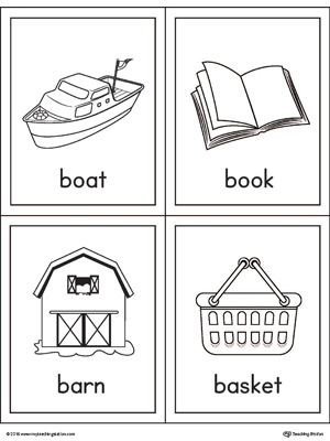 Beginning sound vocabulary cards for letter B includes the words boat, book, barn, and basket.