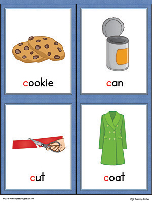 Letter C Words and Pictures Printable Cards: Cookie, Can, Cut, Coat