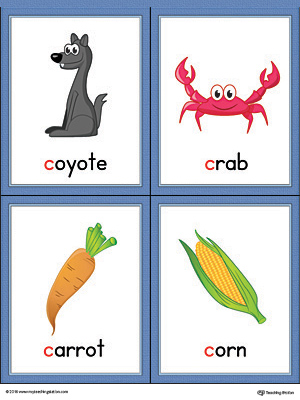Letter C Words and Pictures Printable Cards: Coyote, Crab, Carrot, Corn (Color)