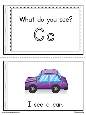 Practice beginning sounds with the Letter C Words Printable Mini Book. List of words: car, cake, cat, cow, camel, coyote, crab, carrot, and corn.