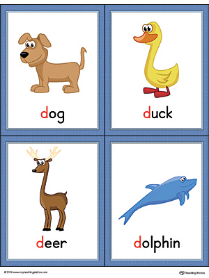 Letter D Words and Pictures Printable Cards: Dog, Duck, Deer, Dolphin