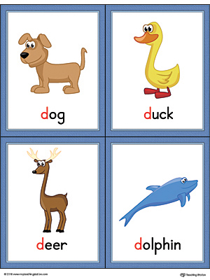 Letter D Words and Pictures Printable Cards: Dog, Duck, Deer, Dolphin (Color)