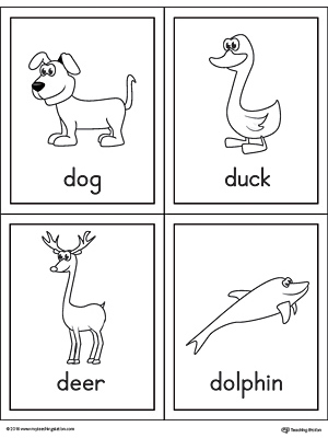 Letter D Words and Pictures Printable Cards: Dog, Duck, Deer, Dolphin