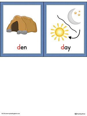 Letter D Words and Pictures Printable Cards: Den, Day (Color)