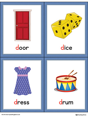 Letter D Words and Pictures Printable Cards: Door, Dice, Dress, Drum (Color)