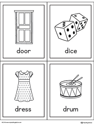 Letter D Words and Pictures Printable Cards: Door, Dice, Dress, Drum