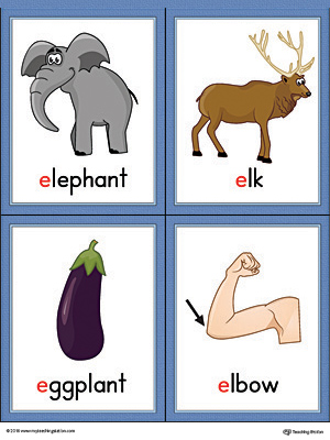 Letter E Words and Pictures Printable Cards: Elephant, Elk, Eggplant, Elbow (Color)