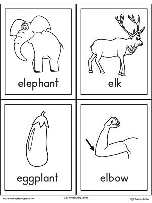 Letter E Words and Pictures Printable Cards: Elephant, Elk, Eggplant, Elbow