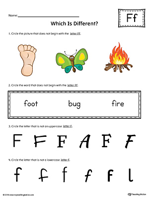 Use the Letter F Which is Different in Color to practice identifying the uppercase and lowercase letter F and it