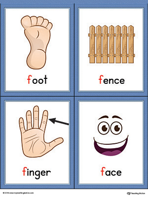 Letter F Words and Pictures Printable Cards: Foot, Fence, Finger, Face (Color)