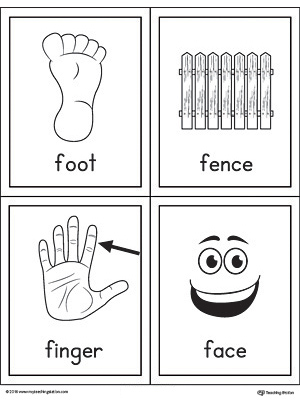 Letter F Words and Pictures Printable Cards: Foot, Fence, Finger, Face