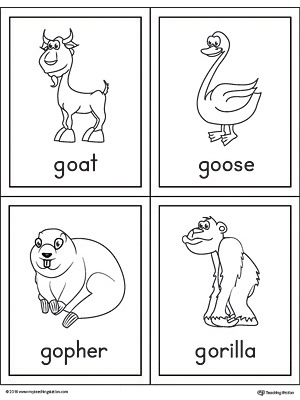 Letter G Words and Pictures Printable Cards: Goat, Goose, Gopher, Gorilla