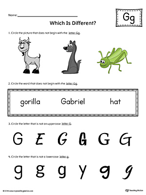 Use the Letter G Which is Different in Color to practice identifying the uppercase and lowercase letter G and it