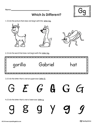 Use the Letter G Which is Different to practice identifying the uppercase and lowercase letter G and it