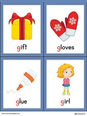 Letter G Words and Pictures Printable Cards: Gift, Gloves, Glue, Girl (Color)