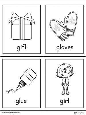 Letter G Words and Pictures Printable Cards: Gift, Gloves, Glue, Girl