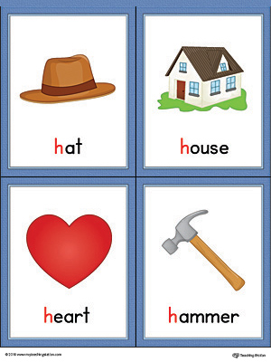 Letter H Words and Pictures Printable Cards: Hat, House, Heart, Hammer (Color)