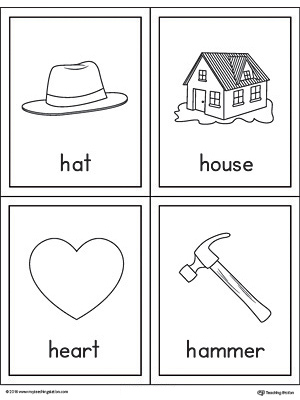 Letter H Words and Pictures Printable Cards: Hat, House, Heart, Hammer