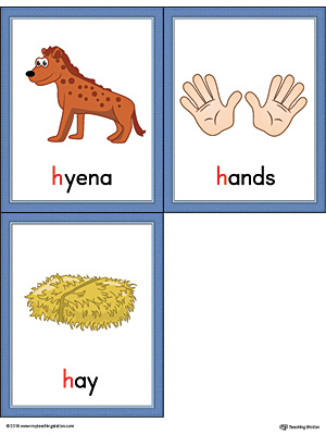 Letter H Words and Pictures Printable Cards: Hyena, Hands, Hay (Color)