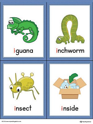 Letter I Words and Pictures Printable Cards: Iguana, Inchworm, Insect, Inside (Color)