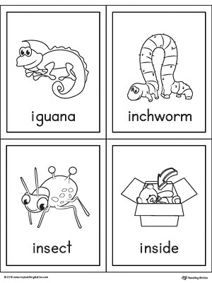 Letter I Words and Pictures Printable Cards: Iguana, Inchworm, Insect, Inside