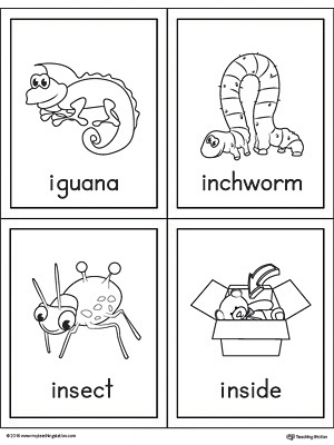 letter i words and pictures printable cards iguana inchworm insect