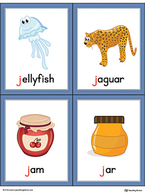 Letter J Words and Pictures Printable Cards: Jellyfish, Jaguar, Jam, Jar (Color)