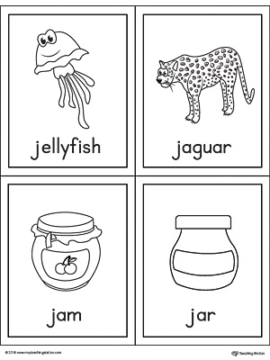 Letter J Words and Pictures Printable Cards: Jellyfish, Jaguar, Jam, Jar