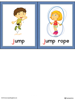Letter J Words and Pictures Printable Cards: Jump, Jump Rope (Color)