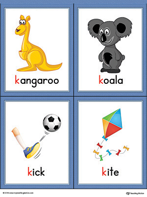 Letter K Words and Pictures Printable Cards: Kangaroo, Koala, Kick