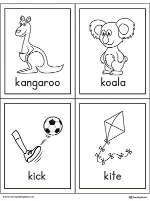 Letter K Words and Pictures Printable Cards: Kangaroo, Koala, Kick, Kite