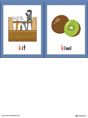 Letter K Words and Pictures Printable Cards: Kit, Kiwi (Color)