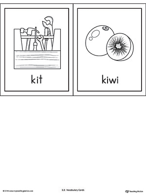 Letter K Words and Pictures Printable Cards: Kit, Kiwi