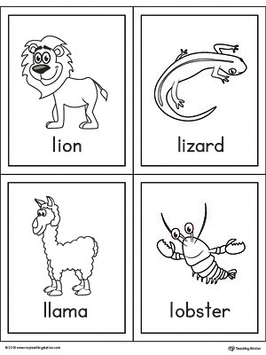 Letter L Words and Pictures Printable Cards: Lion, Lizard, Llama, Lobster