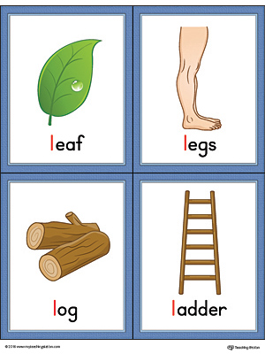 Letter L Words and Pictures Printable Cards: Leaf, Legs, Log, Ladder (Color)