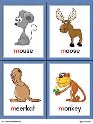 Letter M Words and Pictures Printable Cards: Mouse, Moose, Meerkat, Monkey (Color)