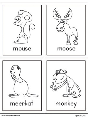 Letter M Words and Pictures Printable Cards: Mouse, Moose, Meerkat, Monkey