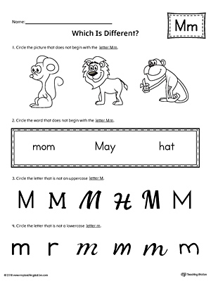 Use the Letter M Which is Different to practice identifying the uppercase and lowercase letter M and it
