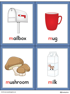 Letter M Words and Pictures Printable Cards: Mailbox, Mug, Mushroom, Milk (Color)