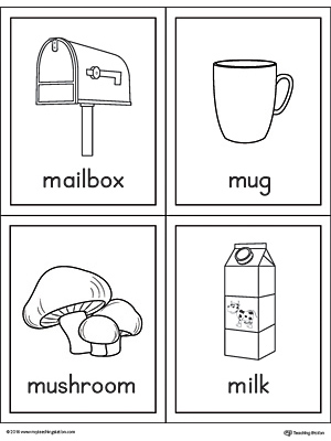 Letter M Words and Pictures Printable Cards: Mailbox, Mug, Mushroom, Milk