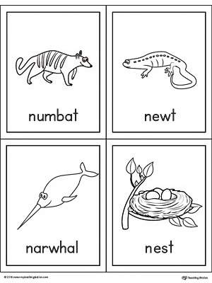 Letter N Words and Pictures Printable Cards: Numbat, Newt, Narwhal, Nest