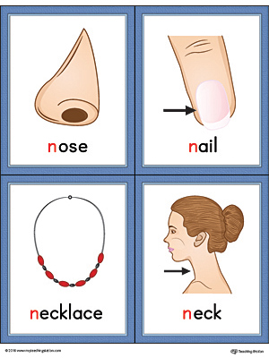 Letter N Words and Pictures Printable Cards: Nose, Nail, Necklace, Neck (Color)