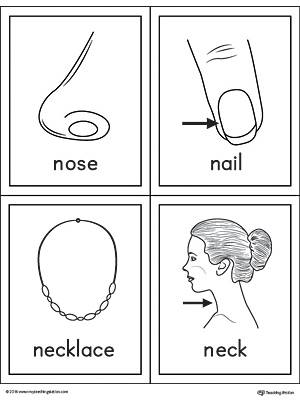 Letter N Words and Pictures Printable Cards: Nose, Nail, Necklace, Neck