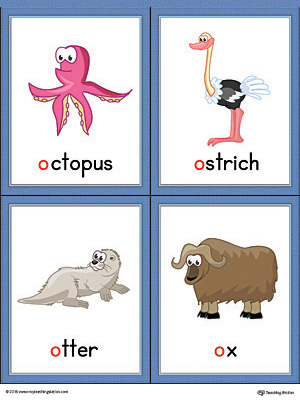 Letter O Words and Pictures Printable Cards: Octopus, Ostrich, Otter, Ox (Color)
